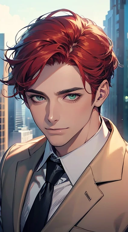 (Highest quality,4K,8K,High resolution,masterpiece:1.2),Super detailed,(Realistic,photoRealistic,photo-Realistic:1.37),1 person,31 years old,Mature Men,Beautiful skin、very handsome,Expressionless smile in love,Short gray red hair,green eyes,Sharp Eyes,A perfect face without a doubt,Businessman,Office Background,Cinema Lighting,HDR image,tie、