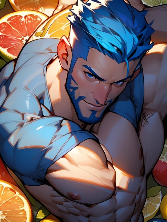 lying face up, fruits background (Best Quality, 4k, 8k, high resolution, Masterpiece: 1.2), ultra detailed, Male portrait, medium closeup, very detailed face, detailed facial features, muscular build, spectacular lighting, close-up, from above, anatomically correct, super detail, full blue beard and short blue hair, smile, winking an eye, hairy chest pectorals