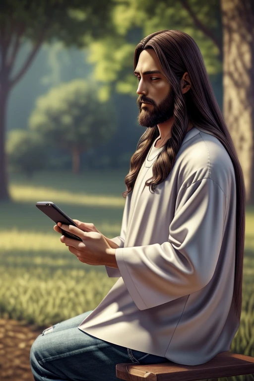 Jesus Christ with cell phone in hand doing a live, very detailed digital painting, anime realism style, pintura 4K, 3d realistic anime style  