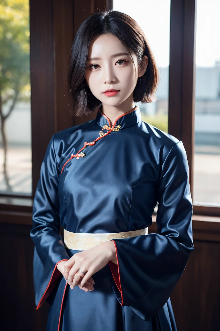 a beautiful woman in traditional chinese hanfu dress, with big sleeves, small rings, a mole under her eye, denim lens, bokeh, shortened perspective, negative space, chiaroscuro, depth of field, ray tracing, masterpiece, anatomically correct, smooth skin, best quality, 8k, ultra HD, precise