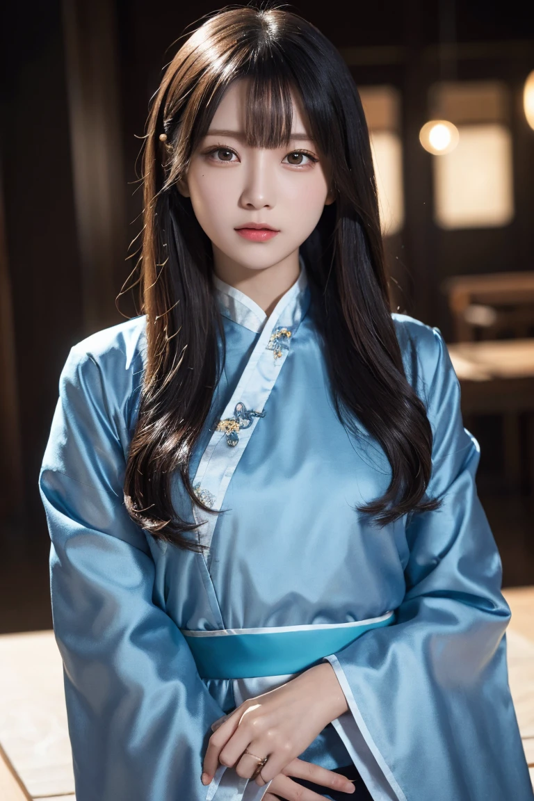 a beautiful woman in traditional chinese hanfu dress, with big sleeves, small rings, a mole under her eye, denim lens, bokeh, shortened perspective, negative space, chiaroscuro, depth of field, ray tracing, masterpiece, anatomically correct, smooth skin, best quality, 8k, ultra HD, precise