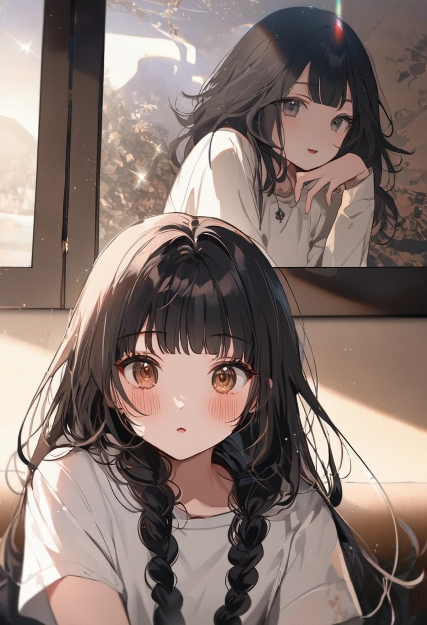 there is a woman with long hair and a white shirt, braid,Ulzan, Cute and natural anime face, Girl Cute - Delicate Face, Anime girls in real life, Chiho, She has black hair,With bangs, black hime cut hair, WAN cute Korean face, With a cute and delicate face, Young cute pale Asian face, There is a midday moon and a midday star in the sky of Sakimichan, 女性 is at messy downtown, rest ,quality\(8K,Extremely detailed CG unit wallpaper, masterpiece,high resolution,top-quality,top-quality real texture skin,Surrealism,提high resolution,original photo,Best quality,Very detailed,wallpaper,light,Ray Tracing,Golden Ratio\),(Long Shot),Wide-angle lens,
