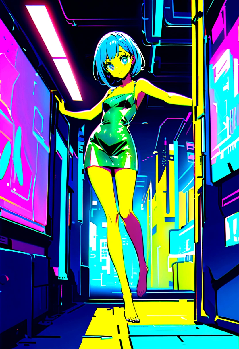 Woman with yellow skin, simple low-cut dress with yellow miniskirt with glitter, metallic green dress with print, metallic blue hair, small breasts, beautiful legs, large eyes, cyberpunk background, big green eyelashes, barefoot , long legs, too happy