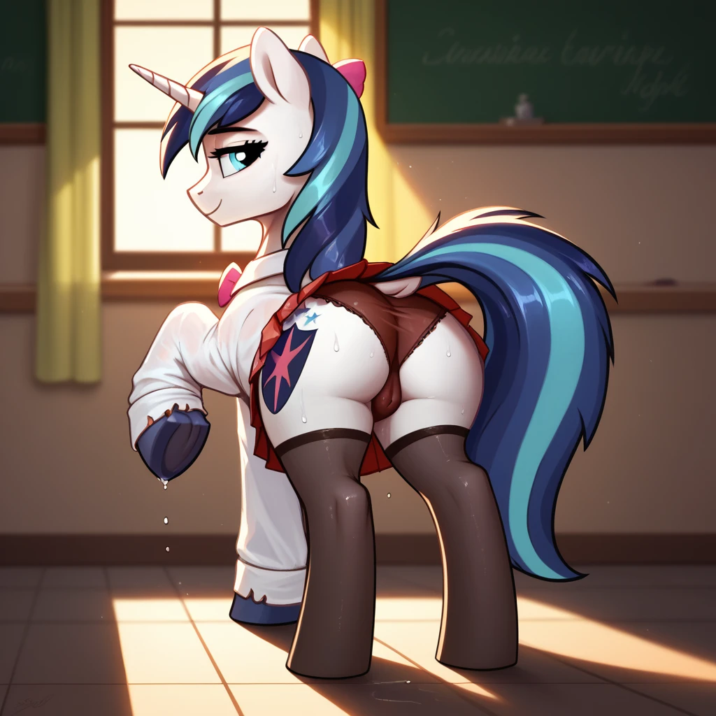 score_9,score_8_up,score_7_up,score_6_up, ((my little pony)), wet cameltoe, (seductive pose), standing pony, (school uniform), lot of bows, panties, stockings, seductive perky big butt, behind view, ((shining armor)), radiant lighting, vibrant colors, whimsical atmosphere, 8K, high resolution, highly detailed, masterpiece