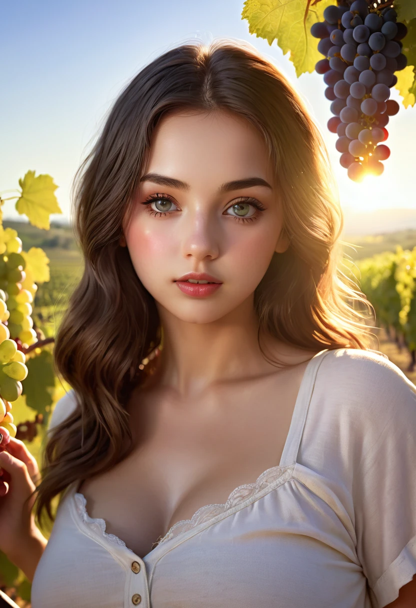 A beautiful, buxom age girl in a vineyard harvesting grapes, wearing little clothing, the sun behind her, realistic image, (best quality,4k,8k,highres,masterpiece:1.2),ultra-detailed,(realistic,photorealistic,photo-realistic:1.37),beautiful detailed eyes,beautiful detailed lips,extremely detailed eyes and face,longeyelashes,1girl,vineyard,harvesting grapes,summer,sunlight,warm colors,golden hour,natural lighting,cinematic,intricate details,volumetric lighting,depth of field,delicate skin,lush foliage,rolling hills