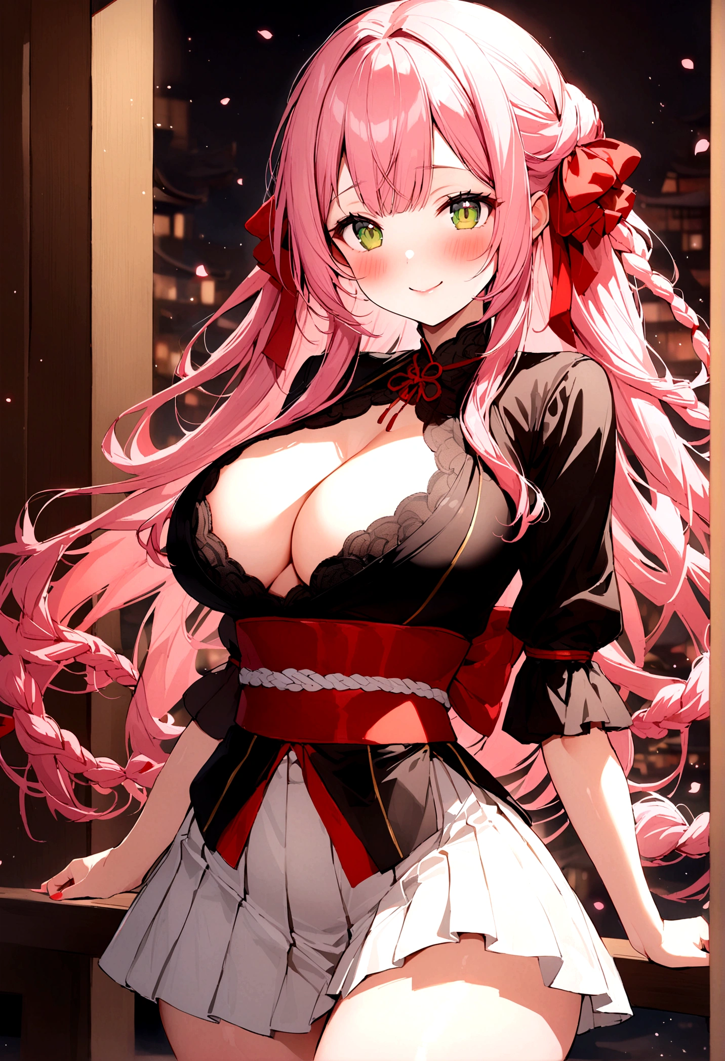 Pink Hair, Long Hair, Braided strands, Red Ribbon, Elegant, Japanese Influences, Black Short Dress, White Pleated Skirt, Black Top, Red Bow, Curvy, Busty, Big Green Eyes, Cat Eyes, Innocent Facial Features, Blush, Cute Face, Playful Smile