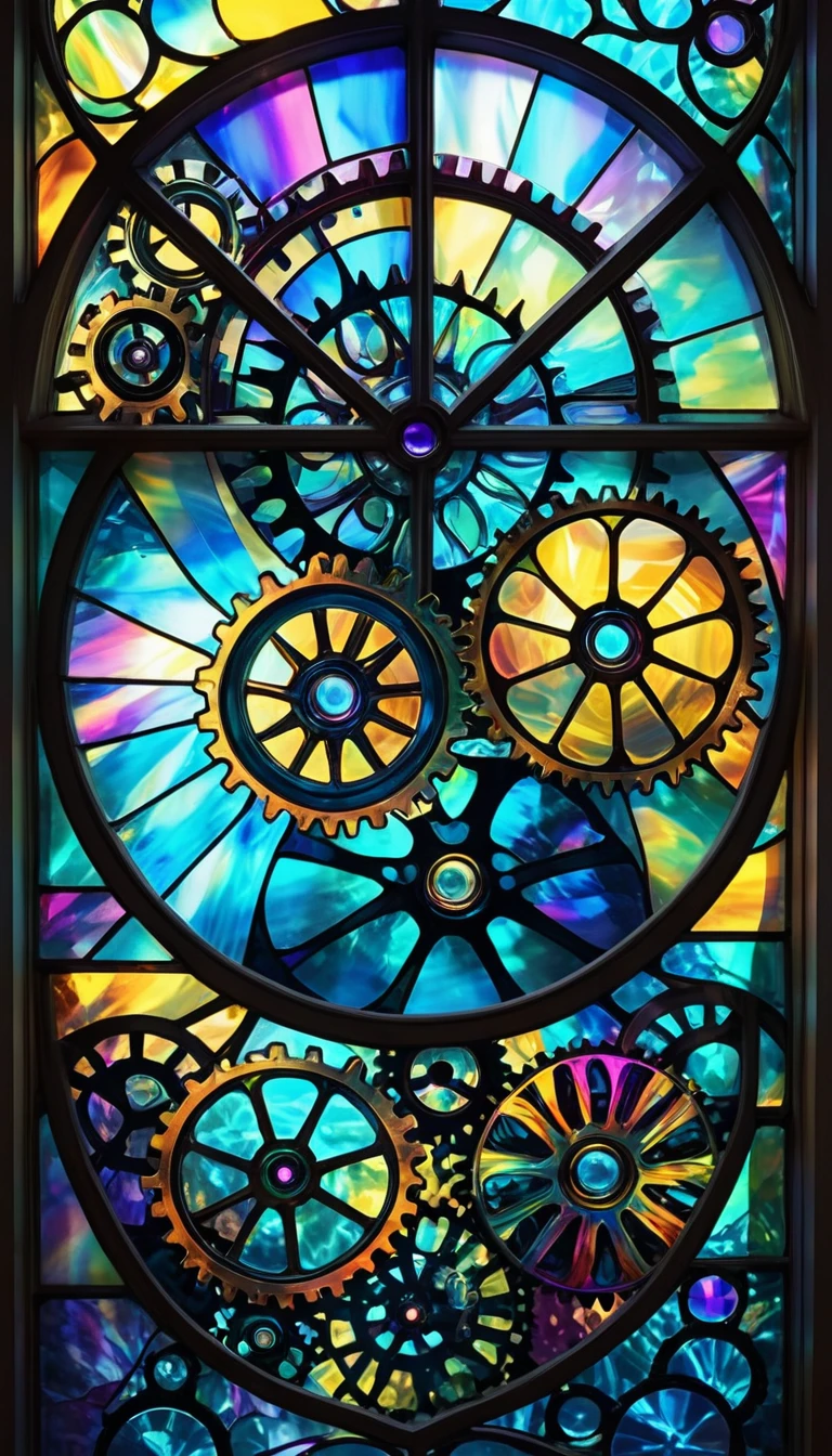 conceptual installation pop art, best quality, super fine, 16k, 2.5D, delicate and dynamic depiction, transparent, translucent iridescent stained glass, prism effects, driven by gears and wheels, eye-catching effects, beautiful and clear work, just like the photo