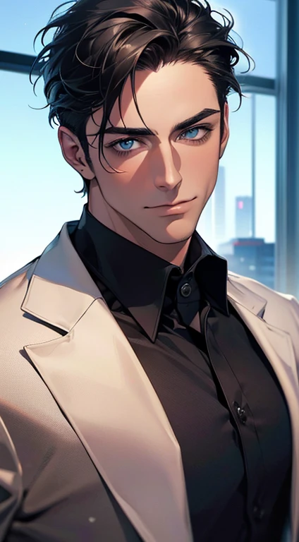 (best quality,4k,8k,highres,masterpiece:1.2),ultra-detailed,(realistic,photorealistic,photo-realistic:1.37),1 man,31 years old,mature man,very handsome,without expression,smile,short grey black hair,blue eyes,penetrating gaze,perfect face without errors,imposing posture,businessman,office background,cinematic lighting,hdr image