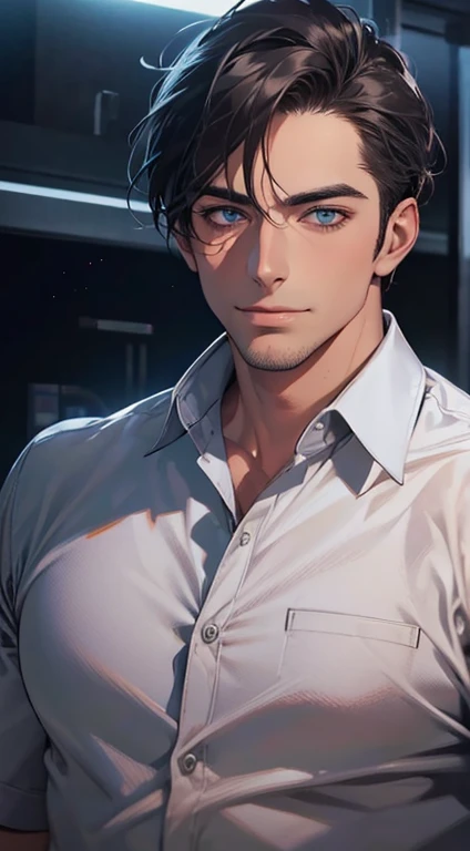 (best quality,4k,8k,highres,masterpiece:1.2),ultra-detailed,(realistic,photorealistic,photo-realistic:1.37),1 man,31 years old,mature man,very handsome,without expression,smile,short grey black hair,blue eyes,penetrating gaze,perfect face without errors,imposing posture,businessman,office background,cinematic lighting,hdr image