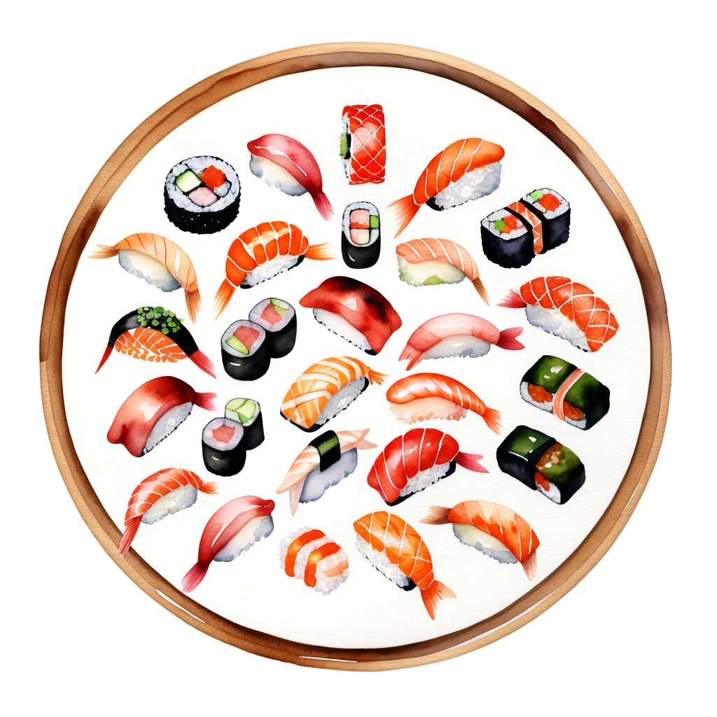 there is a wooden plate full of fresh and delicious sushi, (watercolor), illustration, isolated with solid white background, surrounded with negative space, centered compositon, 8k, highly detailed painting, very precise painting, Isolated, clear brilliant white background