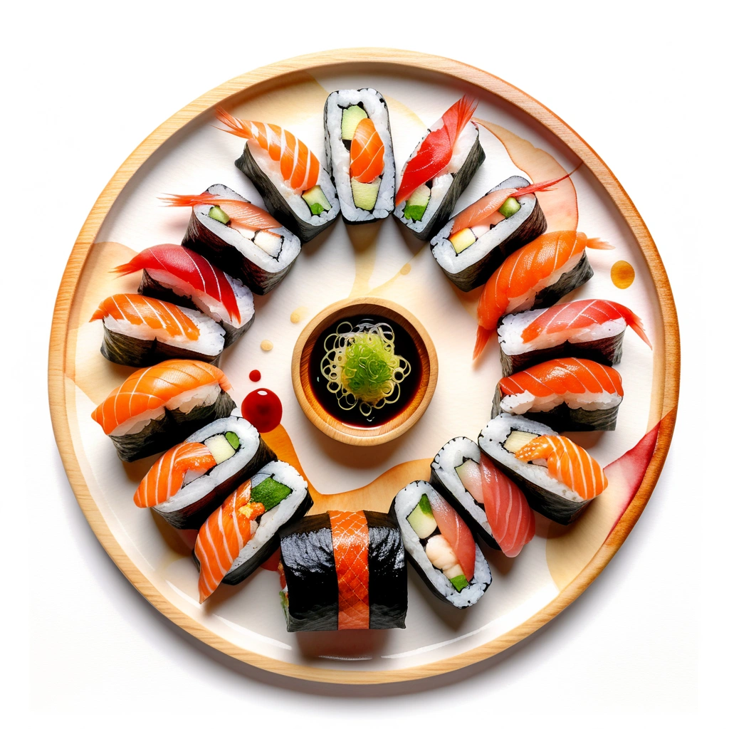 there is a wooden plate full of fresh and delicious sushi, (watercolor), illustration, isolated with solid white background, surrounded with negative space, centered compositon, 8k, highly detailed painting, very precise painting, Isolated, clear brilliant white background