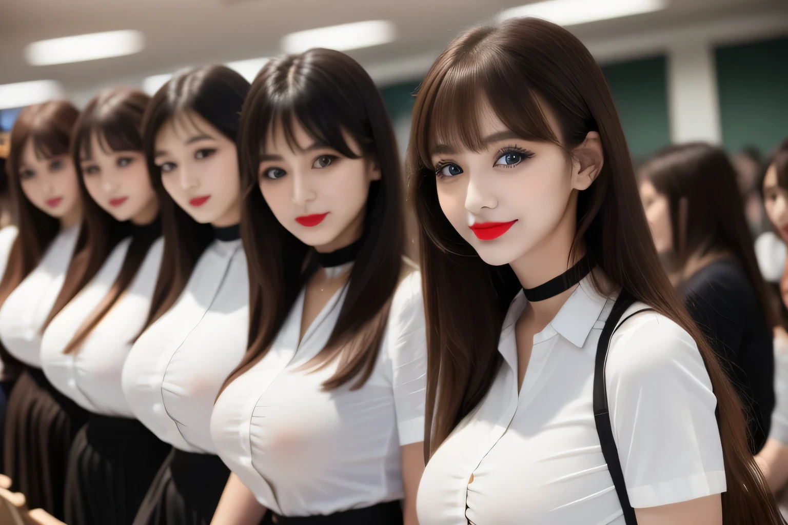 crowd, Many women, Crowded, Long Hair, Brown Hair, sexy, A line of women, Women waiting in line, Girls only, Sisters, ((Tight ivory white shirt)),Full body photo:1.9, Adorable, smile, Slim face, Slim body, 32k, masterpiece, Best image quality,Ultra-high resolution,Perfect hands,Black Choker、blue eyes、bangs、Very lush and long eyelashes, Lots of girls、((Big Breasts)), Dependents, Big Breasts, Red lipstick、lecture hall、lecture