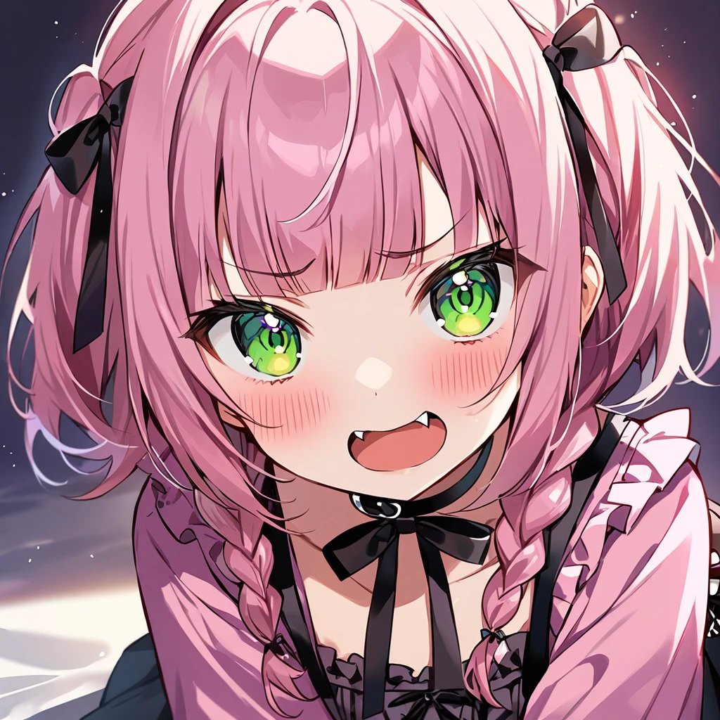 Top quality, masterpiece, chibi character, peal purple and blunt bangs hair, twin braids, green eyes, mouth wide open and screaming, blushing, smilng,fangs,(a girl with closs hair pin,
pink shirt,cosplay, jirai kei, bangs, black skirt, black bow, looking at viewer, bow, long sleeves, choker, ribbon,portrait  shot :1.4),A girl kneeling on the ground with a serious expression,