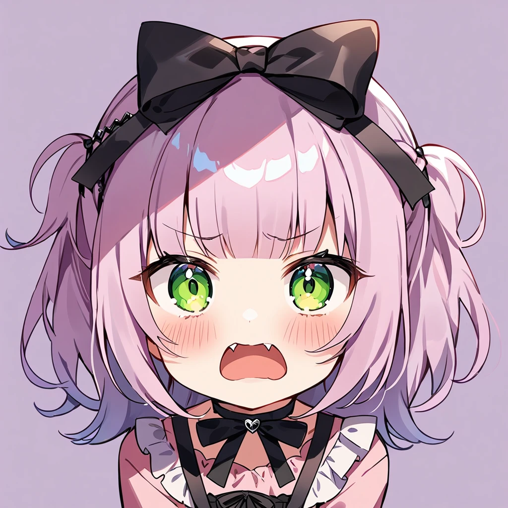 Top quality, masterpiece, chibi character, peal purple and blunt bangs hair, twin braids, green eyes, mouth wide open and screaming, blushing, smilng,fangs,(a girl with closs hair pin,
pink shirt,cosplay, jirai kei, bangs, black skirt, black bow, looking at viewer, bow, long sleeves, choker, ribbon,portrait shot :1.4),A girl kneeling on the ground with a serious expression,