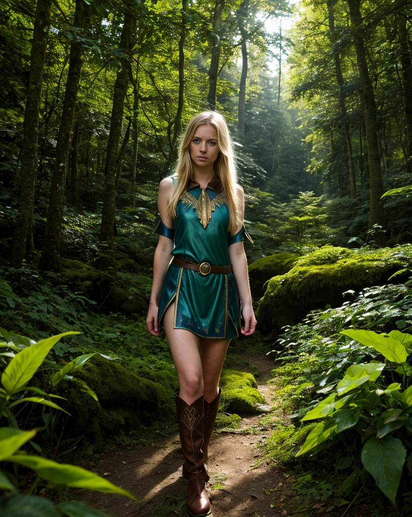 a young girl in a magical fantasy world, long blonde hair, striking blue eyes, beautiful detailed face, pointy ears, wearing a green tunic, brown leather boots, standing in a lush forest clearing with tall trees, sunlight filtering through the leaves, fantastical creatures in the background, beautiful detailed landscape, epic fantasy art, highly detailed, vibrant colors, dramatic lighting, cinematic composition