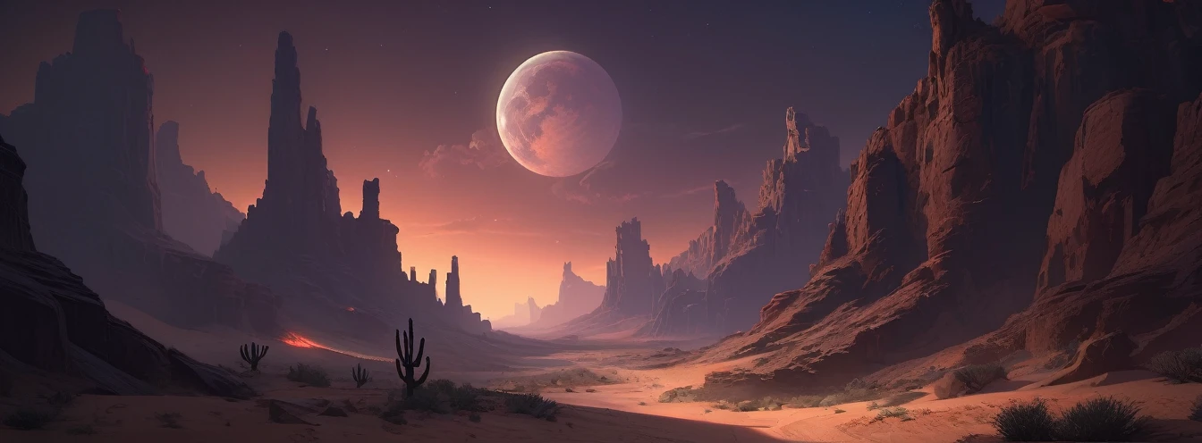 Desert Canyon, Dark Fantasy, night, Octane Rendering, complex, (best quality, masterpiece, representative work, Official Art, professional, Unity 8K wallpaper), (author:Noah Bradley:1.2)