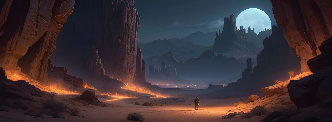 Desert Canyon, Dark Fantasy, night, Octane Rendering, complex, (best quality, masterpiece, representative work, Official Art, professional, Unity 8K wallpaper), (author：Noah Bradley:1.2)