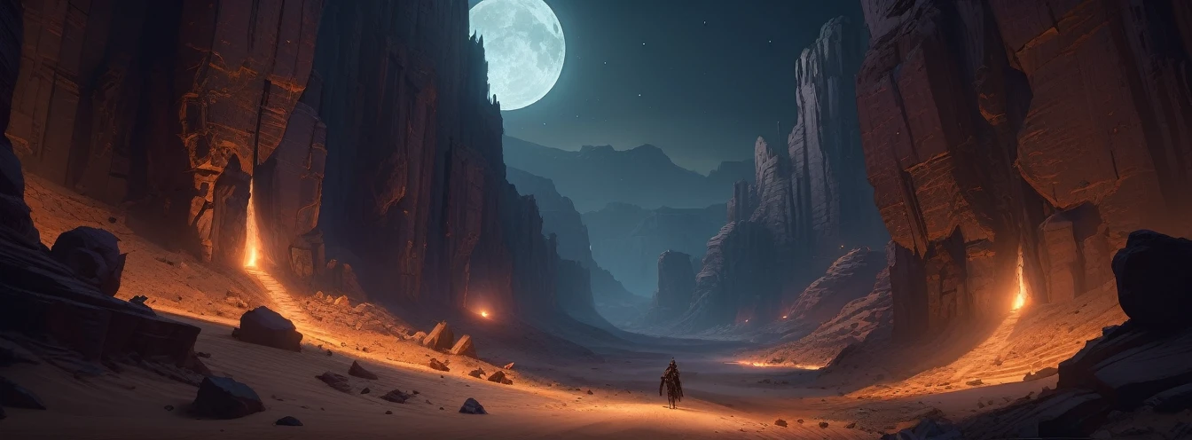 Desert Canyon, Dark Fantasy, night, Octane Rendering, complex, (best quality, masterpiece, representative work, Official Art, professional, Unity 8K wallpaper), (author:Noah Bradley:1.2)