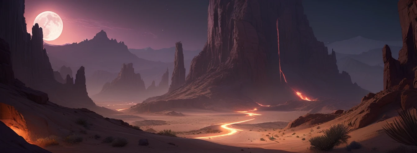 Desert Canyon, Dark Fantasy, night, Octane Rendering, complex, (best quality, masterpiece, representative work, Official Art, professional, Unity 8K wallpaper), (author:Noah Bradley:1.2)