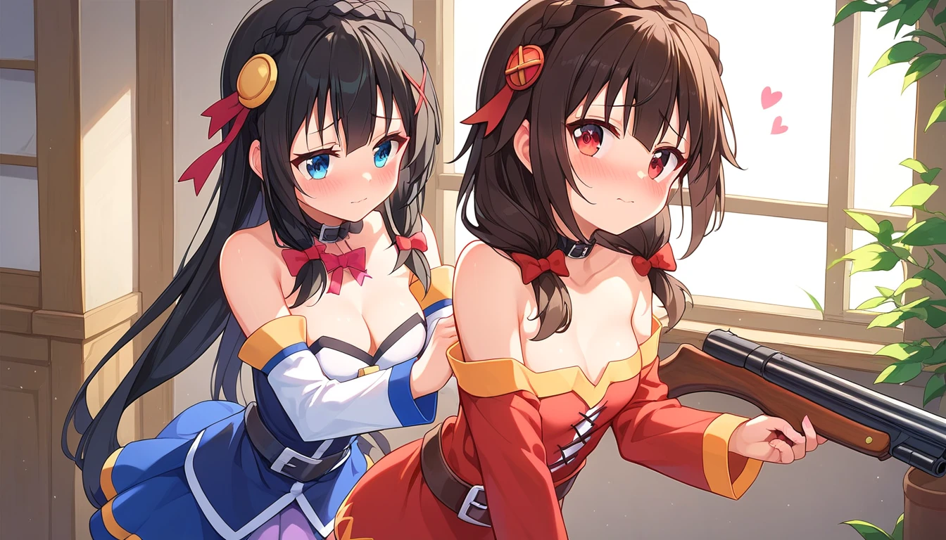 ((2girls:1.3)), ((moe style:1.3)), ((standing:1.3)), ((shotgun:1.3)), ((black hair:1.3)), megumin (konosuba), yunyun (konosuba), ((shy:1.3)), blush, ((perfect face)), ((extremely cute:1.3)), ((masterpiece:1.3)), ((8k)), ((best quality:1.3)), ((beautiful)), ((extremely detailed:1.3)) , ((absurdres)), AddXL, ((score_9:1.3)), ((score_8_up:1.3)), ((score_7_up:1.3)), Expressiveh