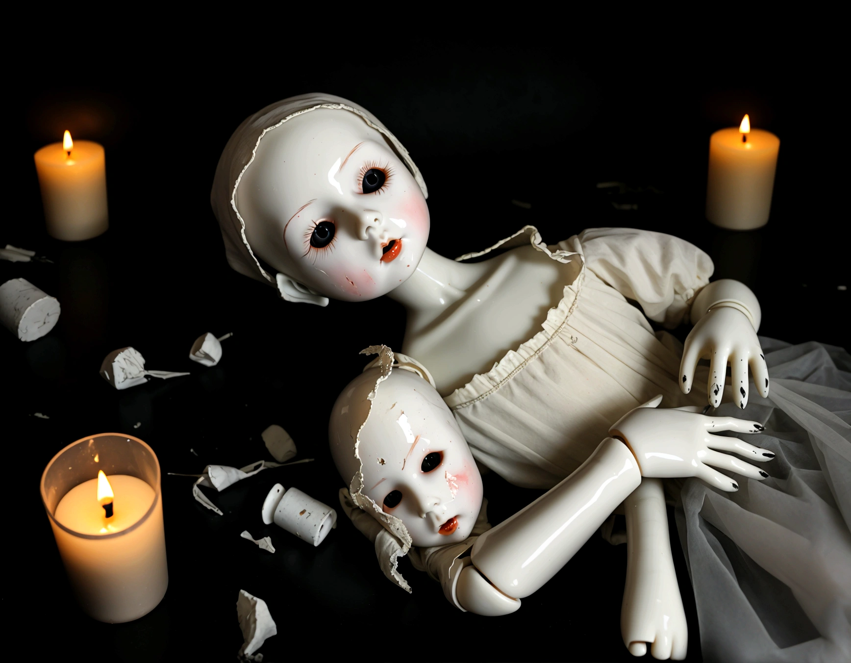 AN OLD, SHATTERED AND FACELESS PORCELAIN DOLL ABANDONED IN AN ABANDONED LABORATORY AT NIGHT WITH BLACK CANDLES AROUND IT, OLD PORCELAIN DOLL