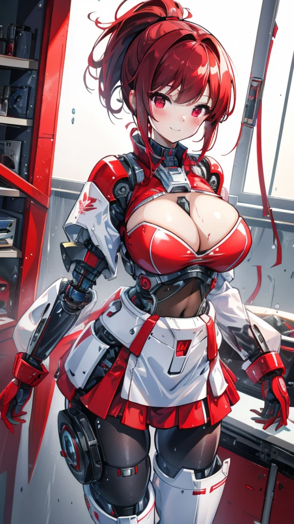 18 year old girl,baby face,dark red short hair,Ponytail hairstyle,Smile,Huge breasts,Cleavage,Transparent red sleeveless top,Leave space in the middle to reveal Cleavage,Soaked all over,blush,Red eyes,female spy,red miniskirt,White gloves,White hand sleeves,White boots,Science fiction,future,Inside the robot warehouse,robot driver,A pistol was hung around his waist,no bangs