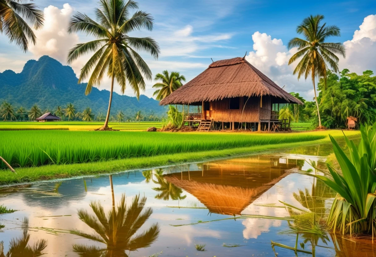 Atmosphere of a Thai rural house, year 1950, thatched roof house green rice field Buffalo in the puddle farmer sitting fishing View behind the coconut tree, picture taken at 7 a.m., oil painting on canvas. hyper-realistic HDR Ultra Reality, 16K