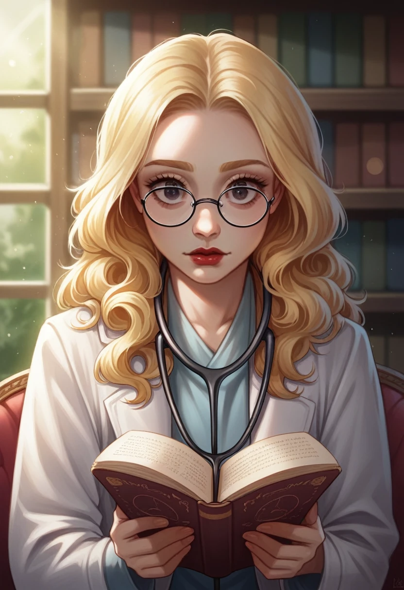 (best qualityer, ultra detali), a girl reading a nursing book , beautiful detailed eyes, (eyes browns:1.2), beautiful detailed and red lips,long eyelashes, study, a quiet library, soft natural lighting, Shelves full of books, curled up in a cozy armchair, reading glasses, concentrated expression, Round face,loose hair, (hair blonde:1.3), white coat and white pants, stethoscope around the neck,high resolution image, bright coloured, Ultra-realistic, photorrealistic, fot, photogenic, bokeh.