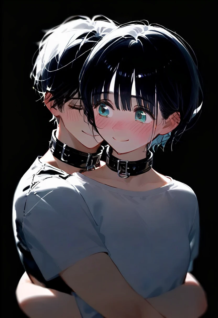 masterpiece,8K,Super detailed,best quality, (1 girl,alone), (long black hair,Straight Hair,Air bangs), (innocent aqua blue eyes), (Medium large, fair skin), (Wearing a simple white shirt, Black panties, To show your thighs), (Has black leather collar), (Facing the audience, Stand upright), (The expression looks shy, but with a smile, ), (light black background, Center the character), (SuperQuality:1.0)