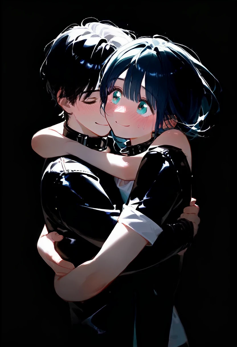masterpiece,8K,Super detailed,best quality, (1 girl,alone), (long black hair,Straight Hair,Air bangs), (innocent aqua blue eyes), (Medium large, fair skin), (Wearing a simple white shirt, Black panties, To show your thighs), (Has black leather collar), (Facing the audience, Stand upright), (The expression looks shy, but with a smile, ), (light black background, Center the character), (SuperQuality:1.0)