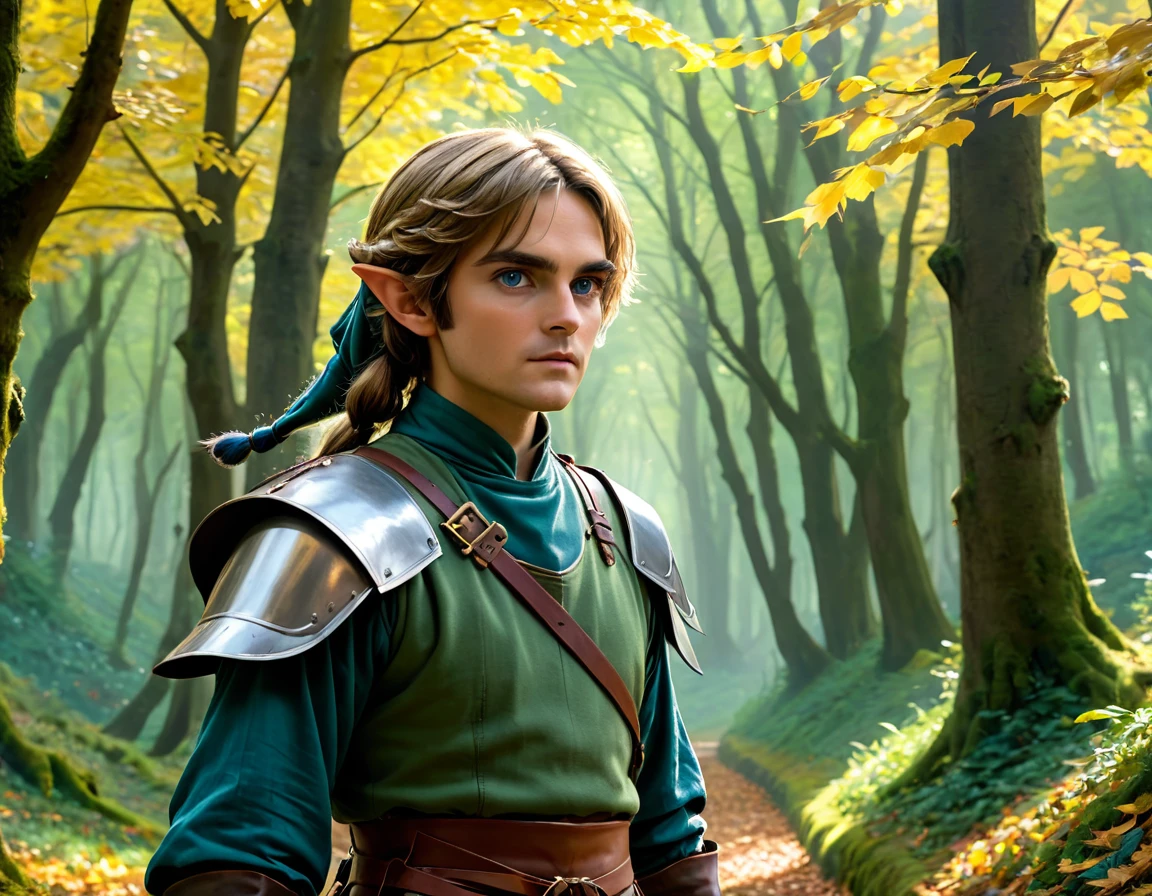 Link dans un paysage fantastique, forêt détaillée avec un feuillage luxuriant, château épique au loin, beaux yeux détaillés, belles lèvres détaillées, Visage et caractéristiques extrêmement détaillés, long cils, tenue médiévale fantastique, Épée et bouclier, éclairage dramatique, composition cinématographique, couleurs vives, art numérique, style artistique conceptuel, (meilleure qualité,4K,8k,haute résolution,chef-d&#39;œuvre:1.2),Ultra-détaillé,(réaliste,photoréaliste,photo-réaliste:1.37)