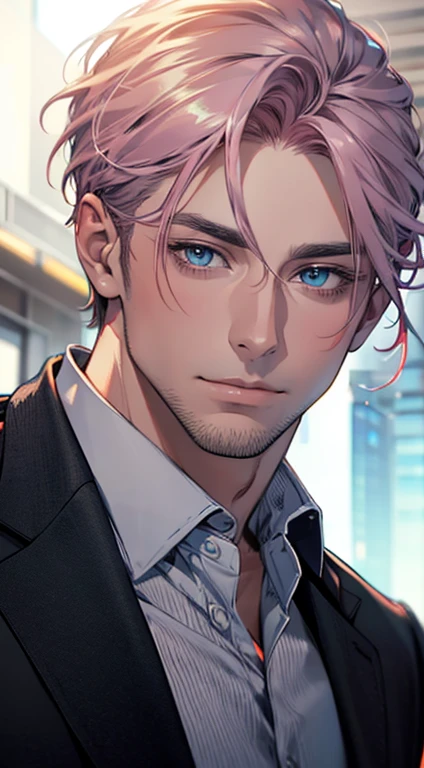 (best quality,4k,8k,highres,masterpiece:1.2),ultra-detailed,(realistic,photorealistic,photo-realistic:1.37),1 man,31 years old,mature man,very handsome,without expression,smile,short grey pink hair,blue eyes,penetrating gaze,perfect face without errors,imposing posture,businessman,office background,cinematic lighting,hdr image