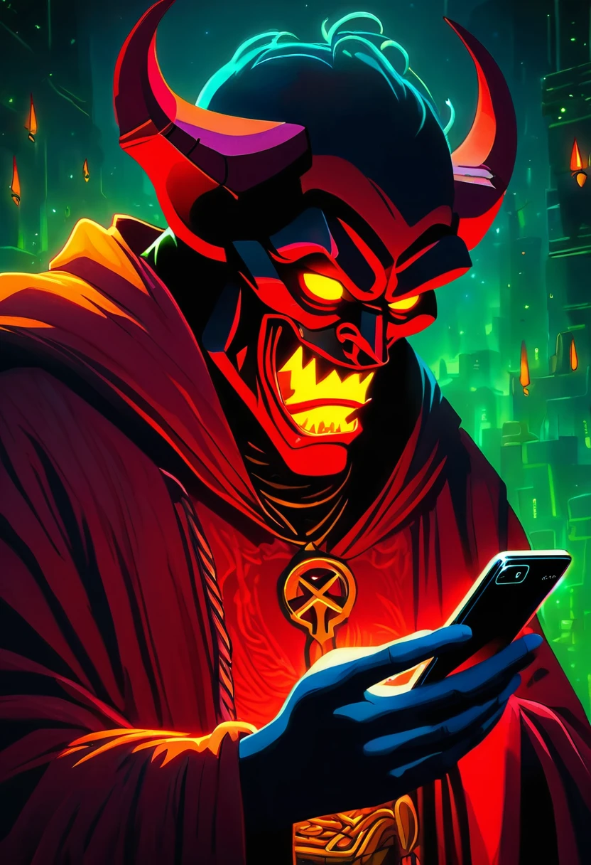 Red demon checking his smartphone in the dark