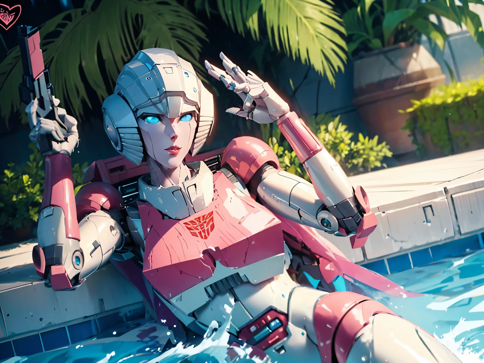 arcee_g1, robot, mecha, autobot, sexy pose, relaxing by a swimming pool, wet body