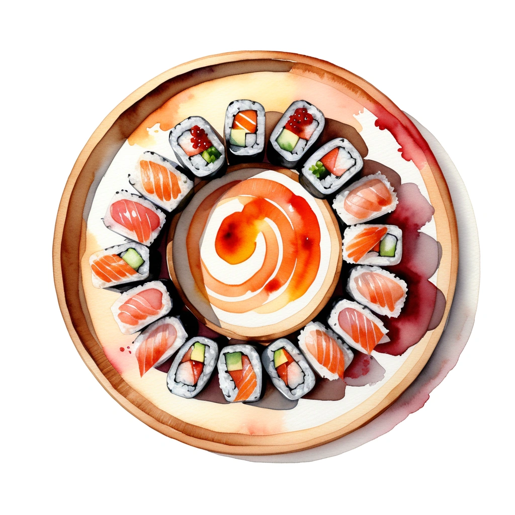 there is a wooden plate full of fresh and delicious sushi, (watercolor), illustration, isolated with solid white background, surrounded with negative space, centered compositon, 8k, highly detailed painting, very precise painting, Isolated, clear brilliant white background, perspective angle of view