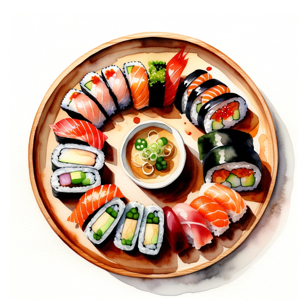 there is a wooden plate full of fresh and delicious sushi, (watercolor), illustration, isolated with solid white background, surrounded with negative space, centered compositon, 8k, highly detailed painting, very precise painting, Isolated, clear brilliant white background, perspective angle of view