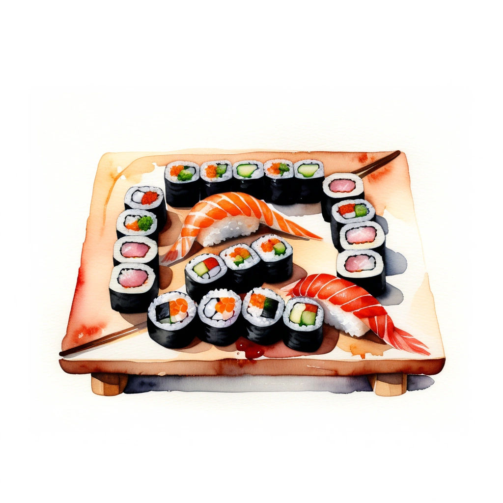 there is a wooden plate full of fresh and delicious sushi, (watercolor), illustration, isolated with solid white background, surrounded with negative space, centered compositon, 8k, highly detailed painting, very precise painting, Isolated, clear brilliant white background, perspective angle of view