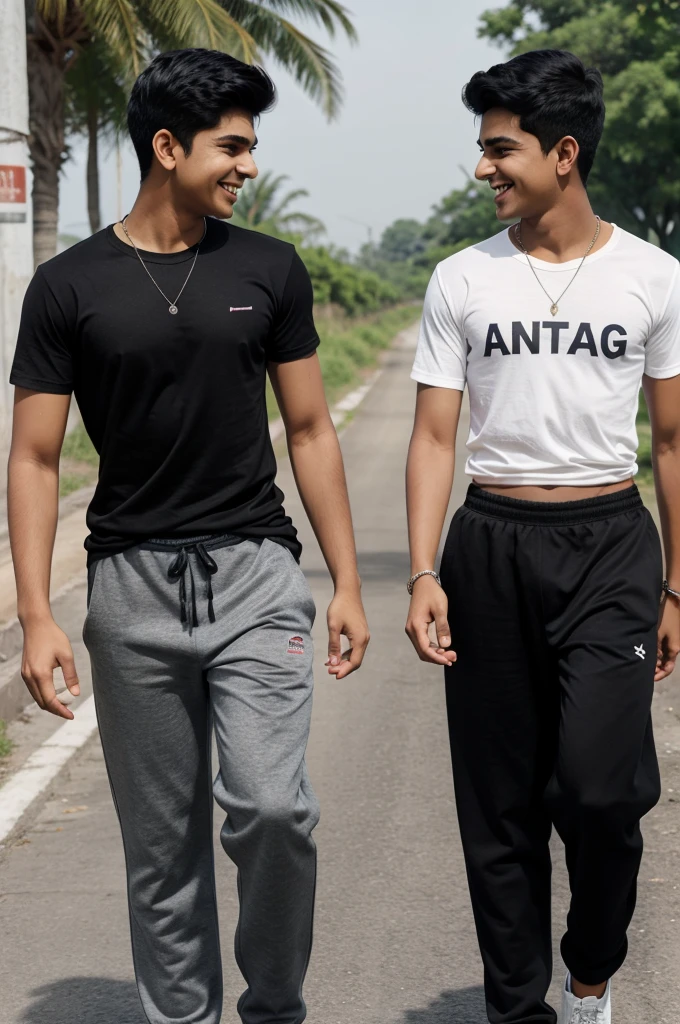 18 years old two indian boys walking on road, they are talking each other with laughing, first boy is wearing black T-shirt, with black pant, with name "Anuruddh" and second boy wearing White T-shirt on which Name "Ankit" is written, realistic image , 4k quality image. the words best friends written at top sky , make sure name should be visible.