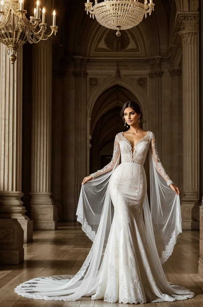 Une femme magnifique portant une robe imprégnée de magie et de classe. La robe scintille avec une lueur éthérée, combinant des éléments d'élégance et d'enchantement. Elle coule gracieusement avec des motifs complexes qui semblent changer et scintiller à chaque mouvement. La femme, confiante et posée, a les cheveux parfaitement coiffés. Elle se tient dans un cadre majestueux, peut-être une grande salle de bal avec des lustres et une décoration luxueuse. L'ensemble de la scène doit dégager beauté, magie et sophistication