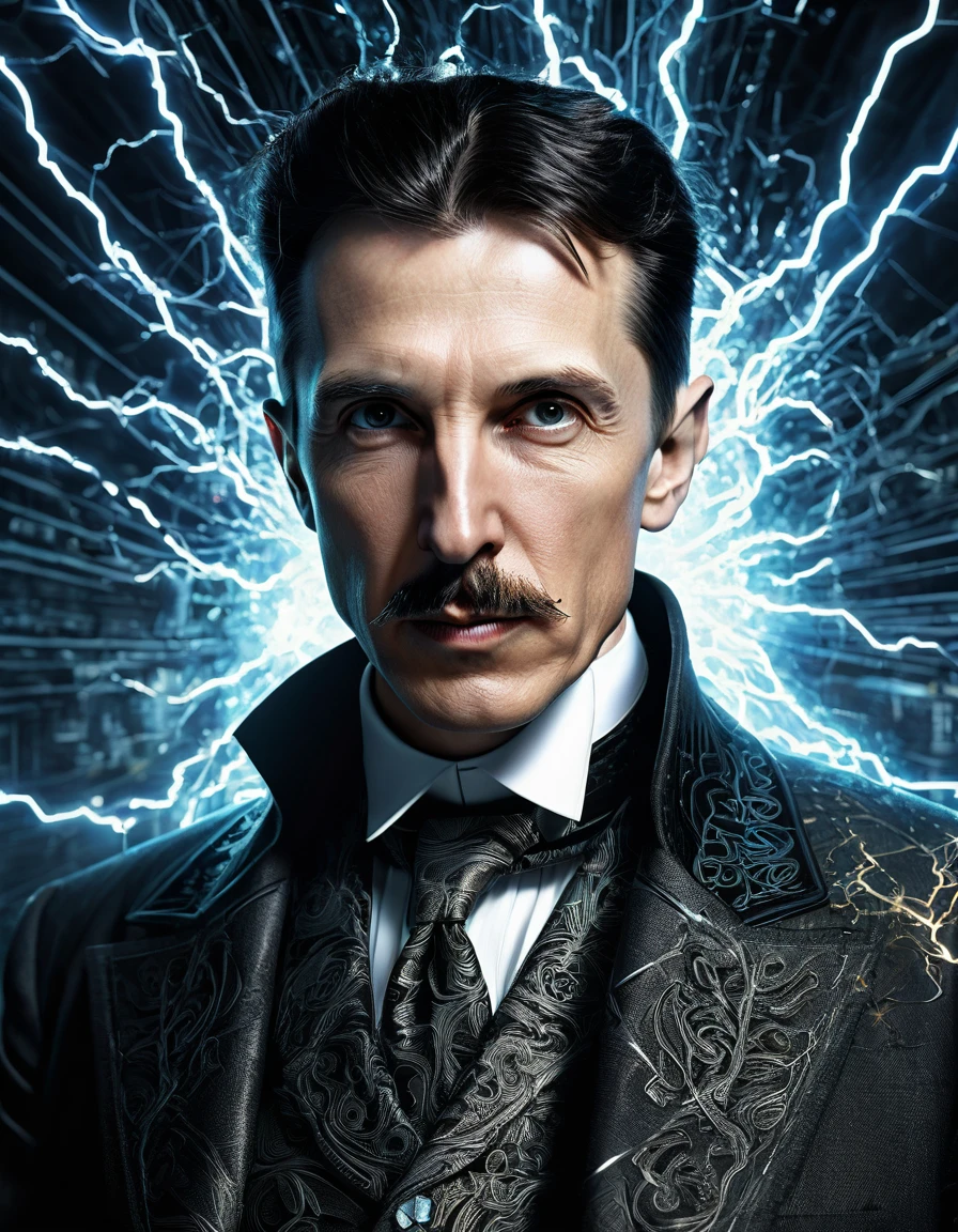 dystopian style ((portrait of Nikola Tesla enhanced with intricate cybernetics)), doing intense computations, lightning surges all around him, dramatic lighting, highly detailed skin, enhanced with cybernetics, intricate details, RAW photo, ultra-realism, hyper-detail, cyberpunk style, raytracing, subsurface scattering, shadow blending, ultra-detail, action background, cinematic, cinematic composition, UHD, HDR, infinite ultra-resolution image quality, 55mm, award winning photography