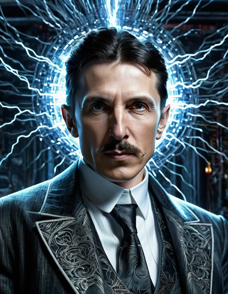 dystopian style ((portrait of Nikola Tesla enhanced with intricate cybernetics)), doing intense computations, lightning surges all around him, dramatic lighting, highly detailed skin, enhanced with cybernetics, intricate details, RAW photo, ultra-realism, hyper-detail, cyberpunk style, raytracing, subsurface scattering, shadow blending, ultra-detail, action background, cinematic, cinematic composition, UHD, HDR, infinite ultra-resolution image quality, 55mm, award winning photography
