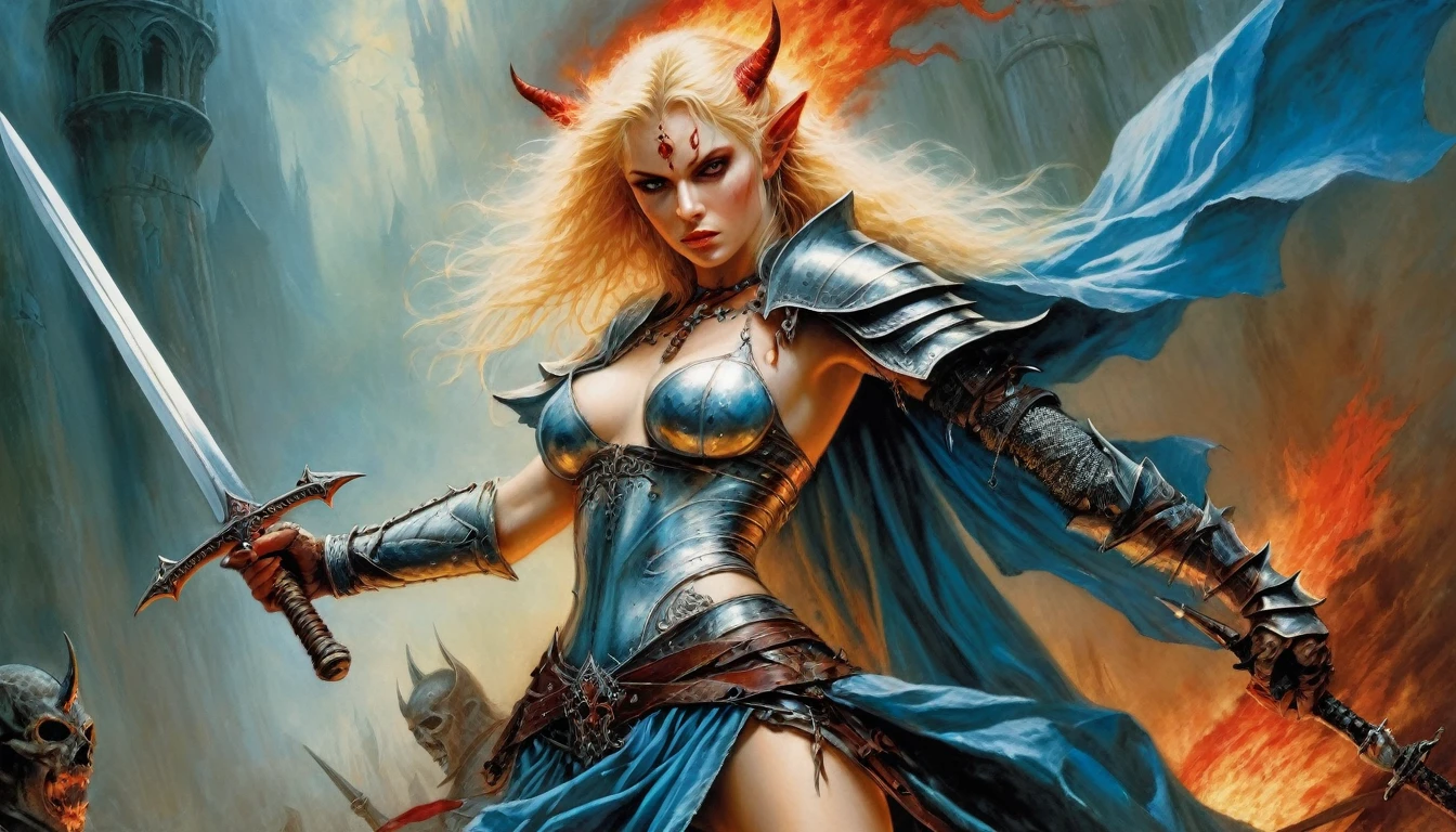 Highly detailed, UHD, 32k, medieval fantasy, Luis Royo style, heavy metal magazine cover, oil on canvas. A devil warrior with red skin, holding a flaming sword, fighting a young, blonde, lithe elf heroin, she is wounded, with skin burned at some points. She wears no armor, she is dressed in light blue colors, her clothes a bit seared by fire.