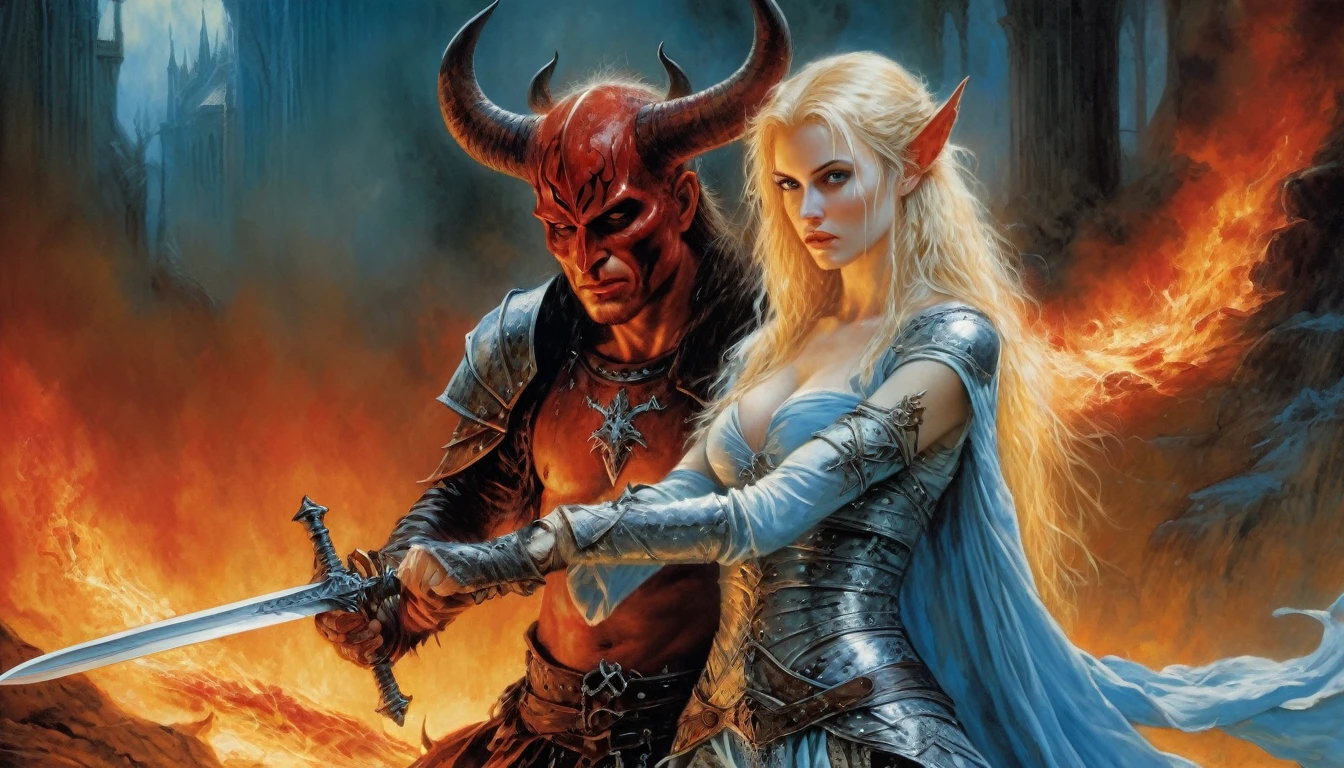 Highly detailed, UHD, 32k, medieval fantasy, Luis Royo style, heavy metal magazine cover, oil on canvas. A devil warrior with red skin, holding a flaming sword, fighting a young, blonde, lithe elf heroin, she is wounded, with skin burned at some points. She wears no armor, she is dressed in light blue colors, her clothes a bit seared by fire.