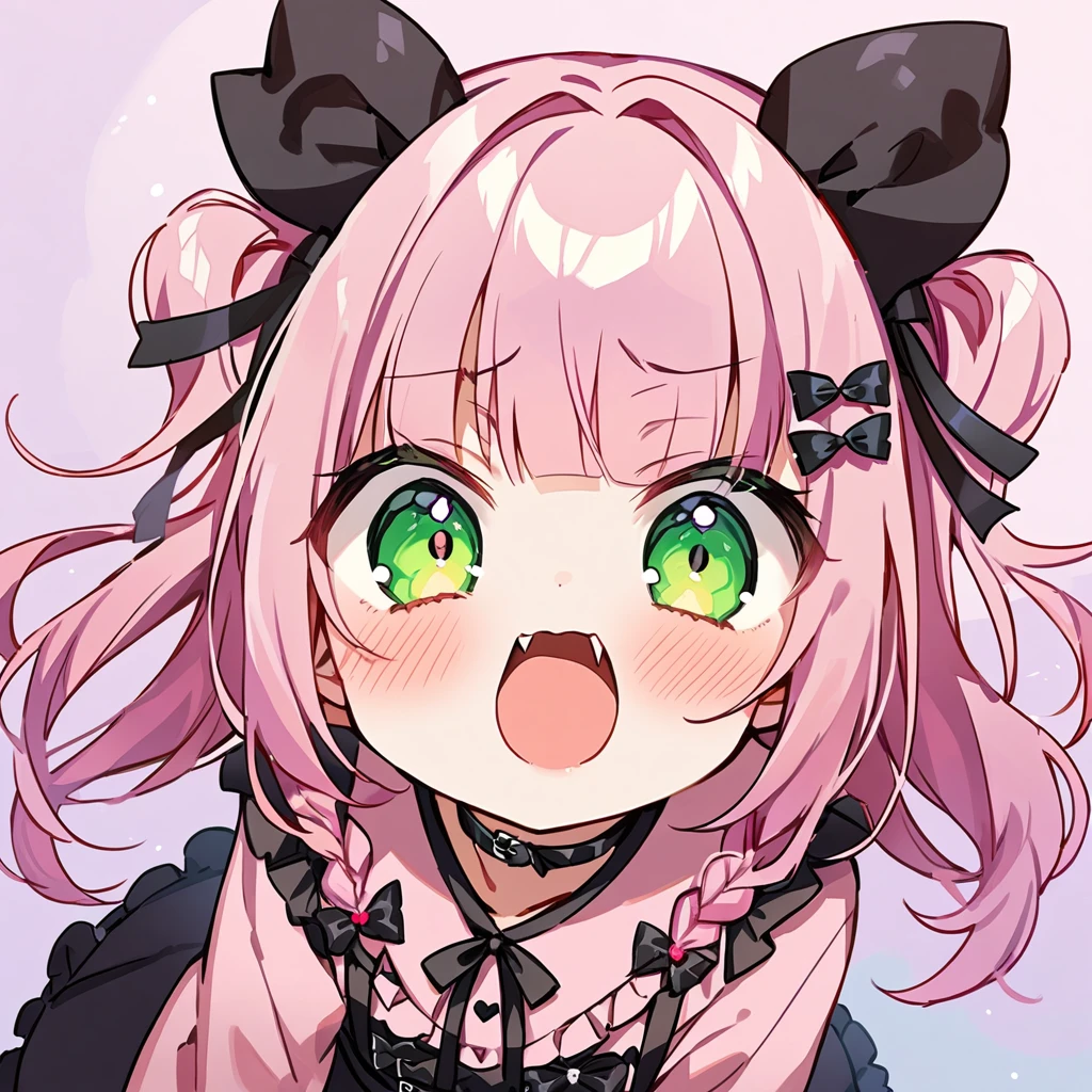 Top quality, masterpiece, chibi character, peal purple and blunt bangs hair, twin braids, green eyes, mouth wide open and screaming, blushing, smilng,fangs,(a girl with closs hair pin,
pink shirt,cosplay, jirai kei, bangs, black skirt, black bow, looking at viewer, bow, long sleeves, choker, ribbon,portrait shot :1.4),A girl kneeling on the ground with a serious expression,fullbody shot,