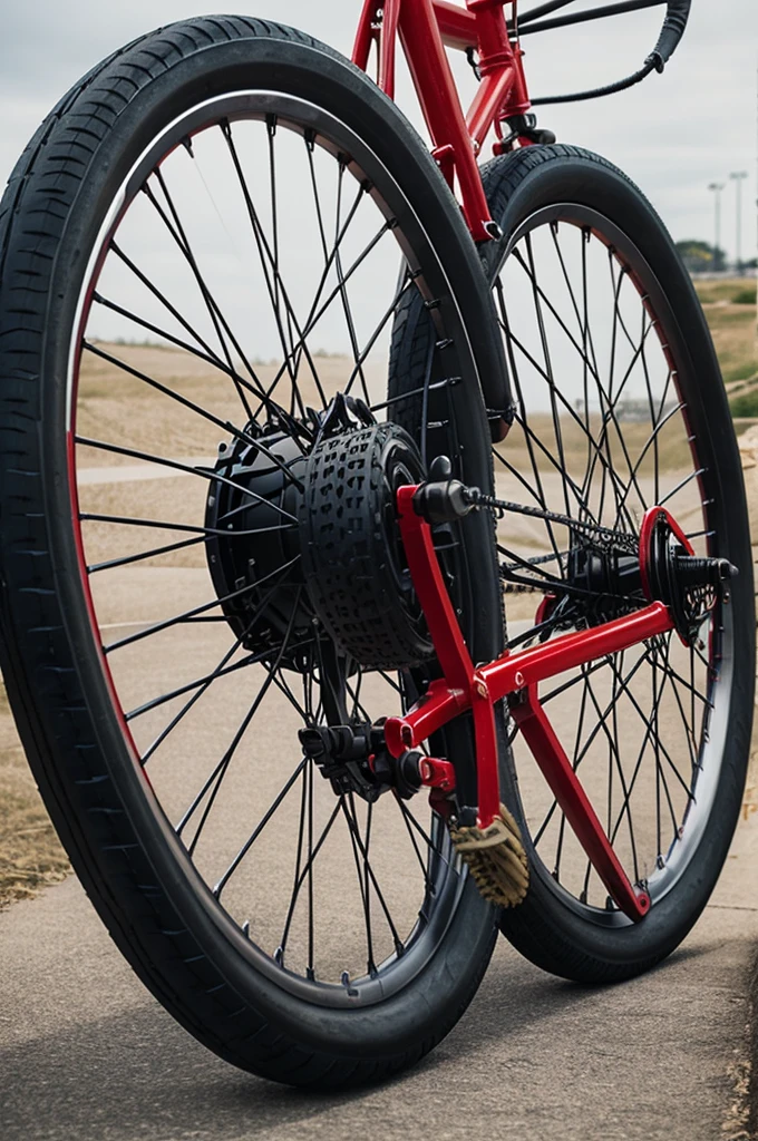 Red BMX with black tires, black rudder, X brakes and spokes with white spoke covers and black center sole with black pedals, red armchair , and in the back a grill and black cones on the tires 
