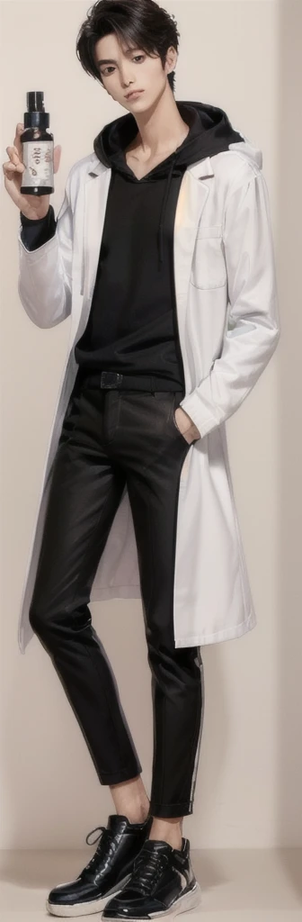 (photorealistic:1.2), (high detail face:1.3), (high detail hands:1.3), (anatomically correct hands:1.2), handsome young asian man, Japanese idol style, short clean-cut hair, ((center part)), (crisp white lab coat:1.3), ((black hoodie underneath:1.2)), (black pants:1.2), (black shoes:1.2), calm confident expression, (holding a product in right hand:1.3), (pointing with left index finger:1.3), explaining pose, plain white background, mid-shot portrait, full body view, high quality, detailed, 8K, (realistic skin texture:1.2), (sharp focus:1.1), (contrast between white coat and black clothing:1.2)
