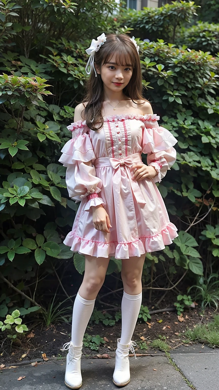 a girl with pink hair and blue eyes and pink lips wearing a cute lolita-type dress