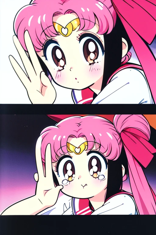 One girl, alone,Chibiusa（Sailor Moon）、Anime girl with pink hair and a ribbon in her hair, Cute realistic portrait, Gwaiz, Magical Girl Portrait, Cute Characters, Cute art style, Anime Moe Art Style, MapleStory character art, cute portrait, Cute Anime Girl Portrait, Small person portrait, artwork in the style of Gwaiz, Splash Art Anime , Heart-shaped pupils，(SFW), (masterpiece:1.2), Highest quality, masterpiece, High resolution, original, Highly detailed wallpaper, (Super detailed), (Best illustrations), (Best Shadow), (Kobeni), Big Breasts, Firm breasts, (White collared shirt), (Bloodstain:1.1), (fear:1.2), (Black tie), (Shirt stain), (Dirty), One girl, View your viewers, (Scared:1.2), (tears:1.1), (Brown eyes), (peace sign),tongue out, tongue, Heart-shaped pupils, 身naked体, Expose your breasts,naked、Beautiful woman, Black Hair, White skin,Big nipples、Breastfeeding、Great Khan、Leg spread、Spread your genitals with both hands、Woman rides on man、Penis insertion、、Pleasure、??????、Milk out