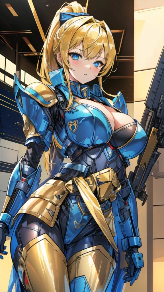 blue sci-fi armor，golden shorthair cat，Long ponytail hairstyle，Large Breasts，Cleavage，Pistol hanging from waist，fighter pilot，fighter hangar，Sexy，Lipstick，Miss，Golden Eyes，final，Armor has numbers