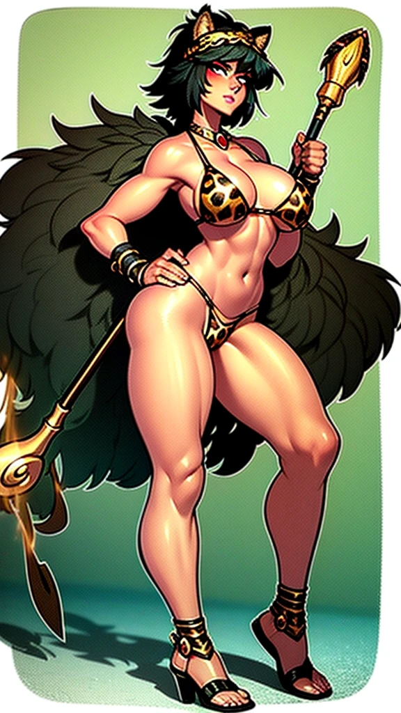 warrior queen, short black hair, tanned skin, wide hips, Big bust, with wooden mallet, Dressing: plume with green feathers, gold earrings, bad cut leopard bikini, leather huaraches, war makeup.